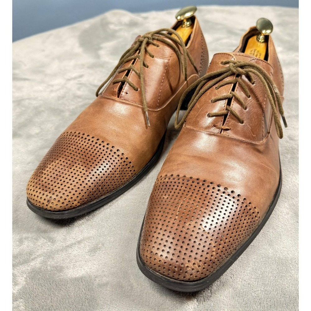 Kenneth Cole Shoes Mens Size 9.5 Brown Leather Cap Toe Oxford Across The Pond